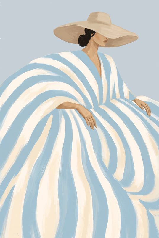 Blauw wit fashion schilderij met vrouw in lange gestreepte jurk