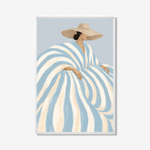 Beach Dress schilderij met vrouw in blauw-wit gestreepte jurk en grote zonnehoed