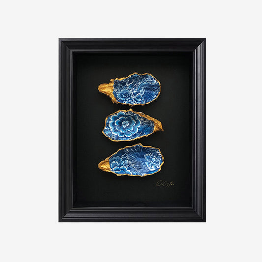 Blue Trio Zwart 23x28cm - Ingelijste oesters- plexiglas schilderij - kunst