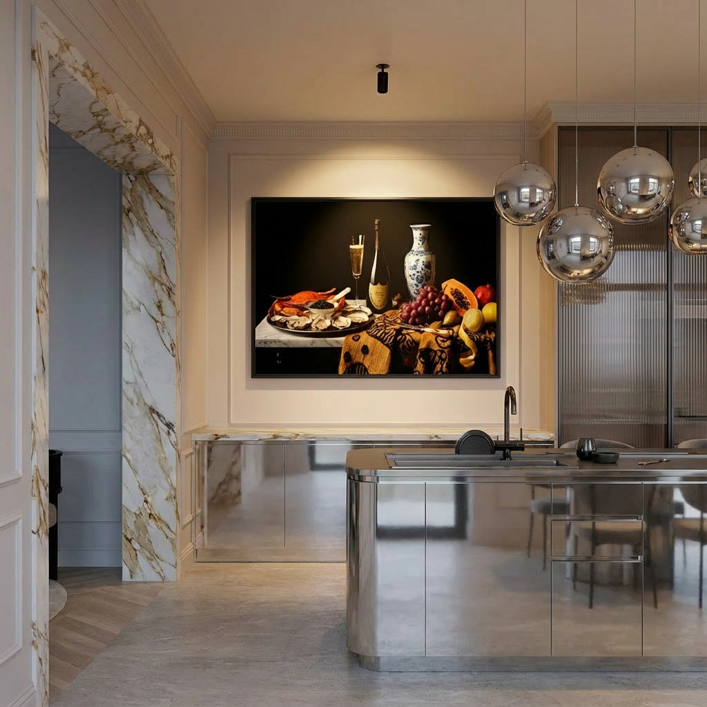 Stilleven met fruit, zeevruchten en een fles champagne aan de muur in een moderne keuken