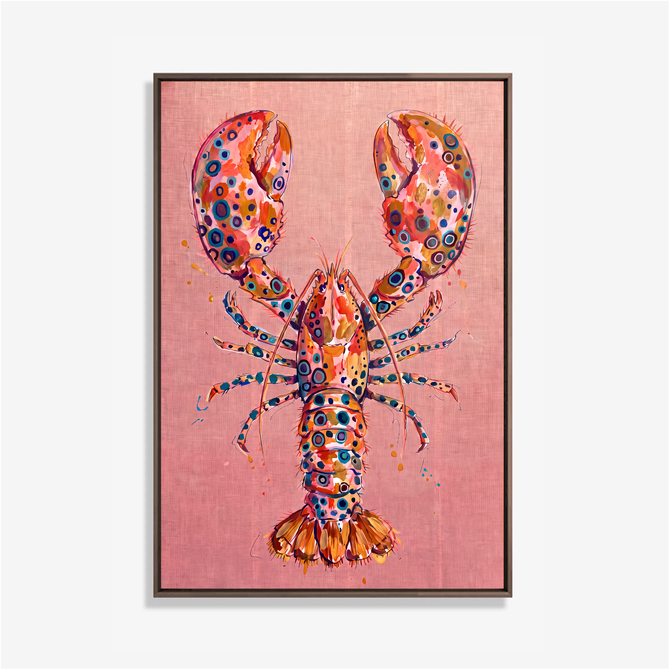 Kleurrijk kreeft kunstwerk op roze achtergrond met blauwe, oranje en gouden details