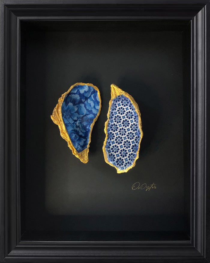 Duo Blue Zwart 23x28cm - Ingelijste oesters- plexiglas schilderij - kunst