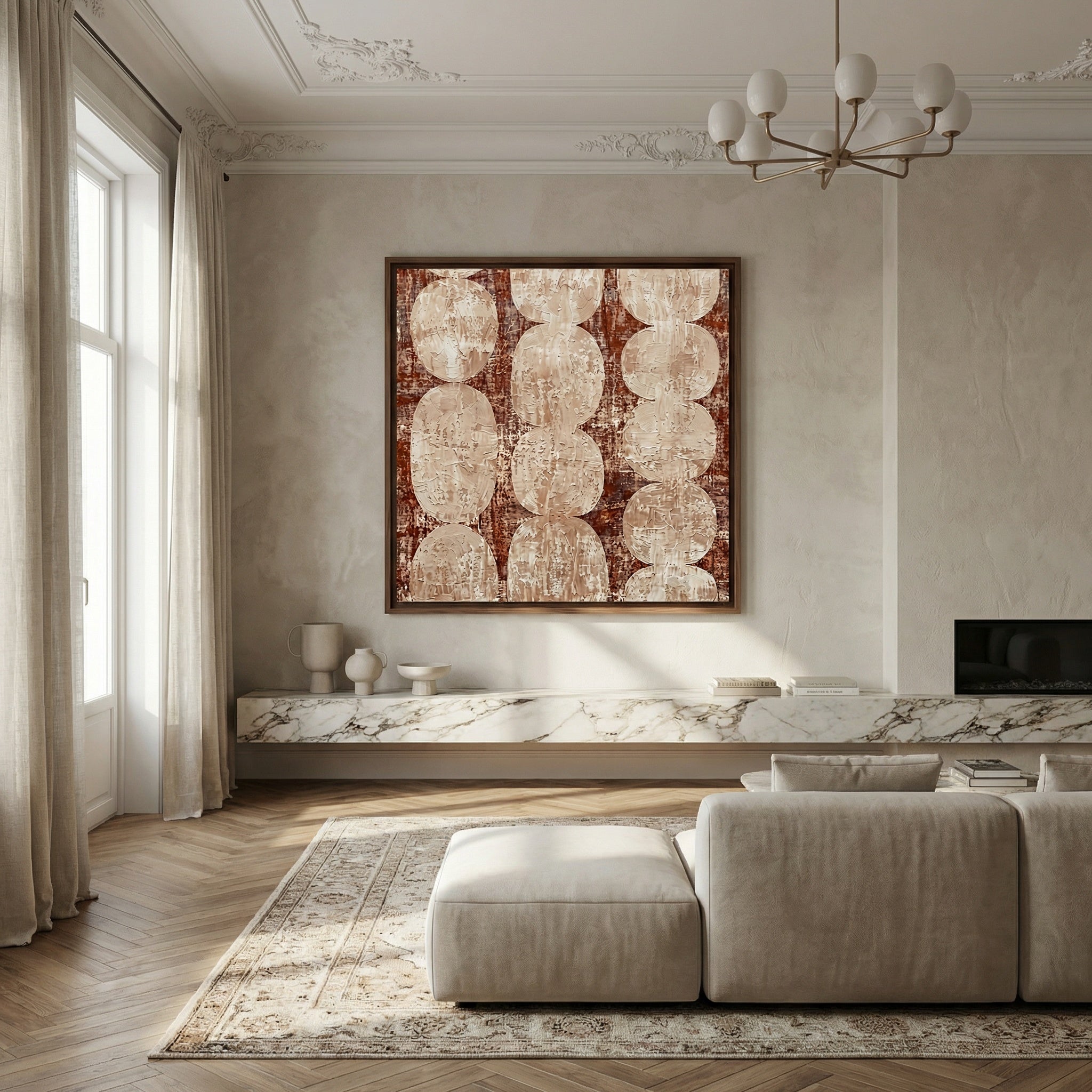 Wanddecoratie met herhalend ovaal patroon en warme achtergrond