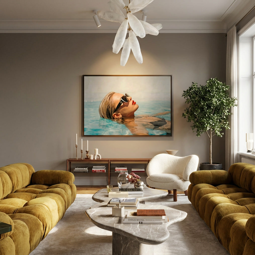 schilderij van een vrouw drijvend in zwembad met zonnebril, modern kunstwerk met luxe en ontspannen uitstraling