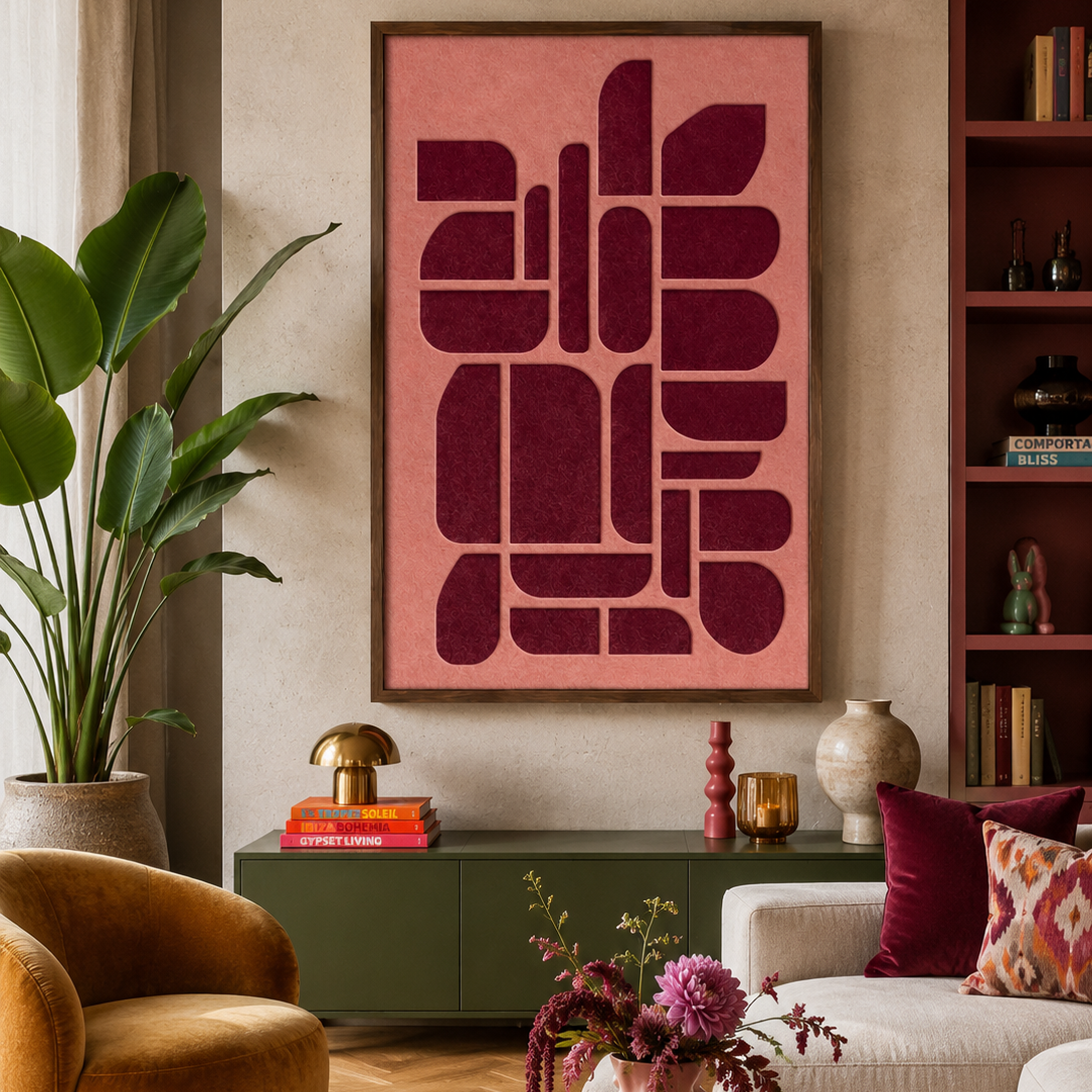 Minimalistisch akoestisch vilt wandpaneel met strakke geometrische vormen en warme roze-bordeaux kleurcombinatie.