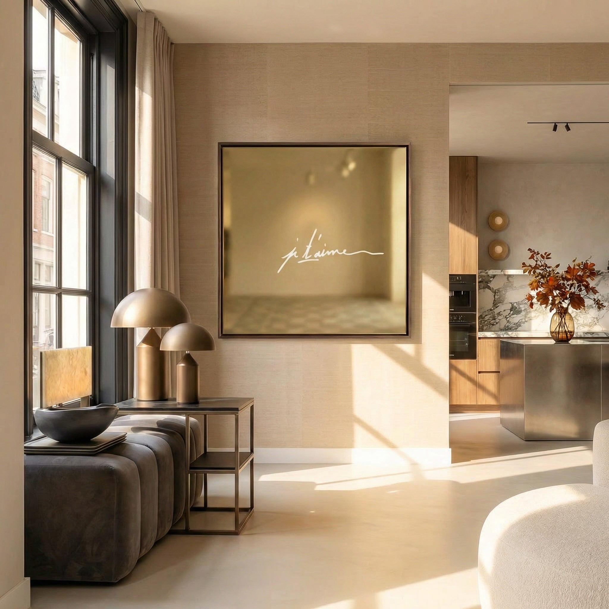 Warm goud wanddecoratie kunstwerk met liefdevolle tekst Je t’aime