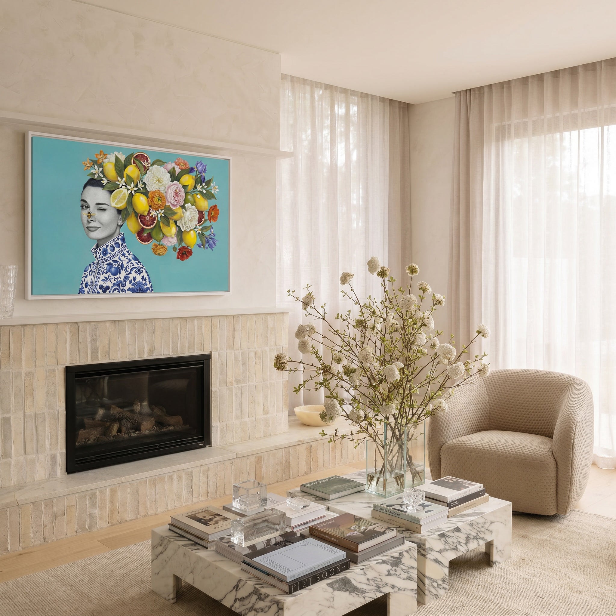 Modern interieur met een kunstwerk van een vrouw met bloemen haar