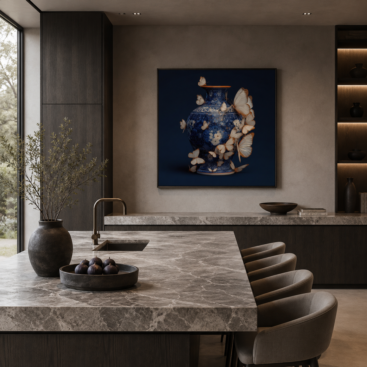 Moderne wanddecoratie met een klassieke Delfts blauwe vaas en elegante vlinders voor een stijlvol interieur.