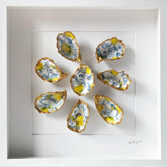 Lemon big 35x35cm - Ingelijste oesters- plexiglas schilderij - kunst