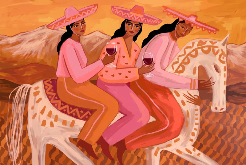 Modern figuratief schilderij Muchachas met vrouwen, wijn, paard en zonnige kleuren