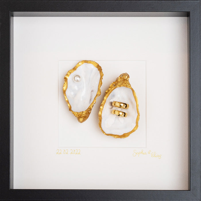 Parel + Ringen 27x27cm - Ingelijste oesters- plexiglas schilderij - kunst