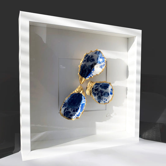 Delfts blauw triple 27x27cm - Ingelijste oesters- plexiglas schilderij - kunst