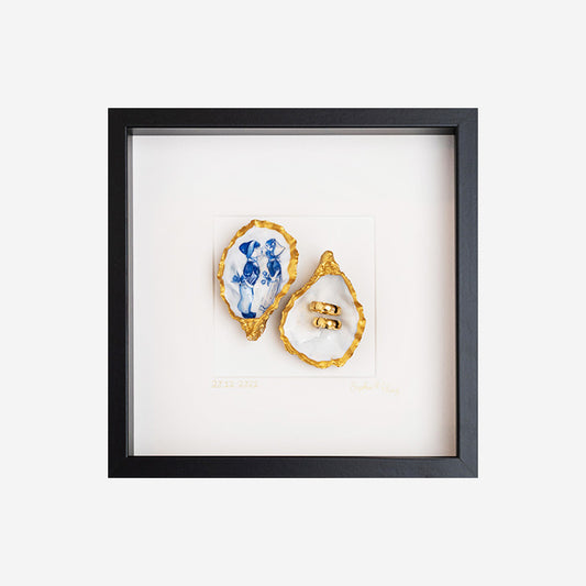 Kissing Couple + ringen 27x27cm - Ingelijste oesters- plexiglas schilderij - kunst