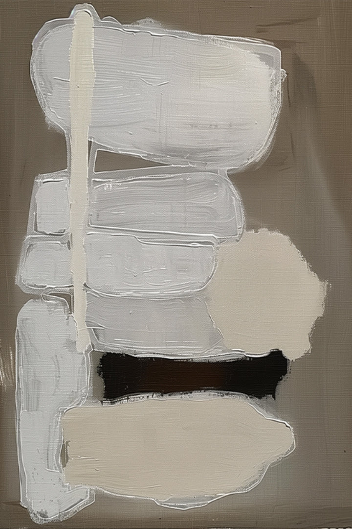 Modern abstract schilderij met neutrale kleuren en tactiele structuren, geïnspireerd door natuurlijke verwering en balans.