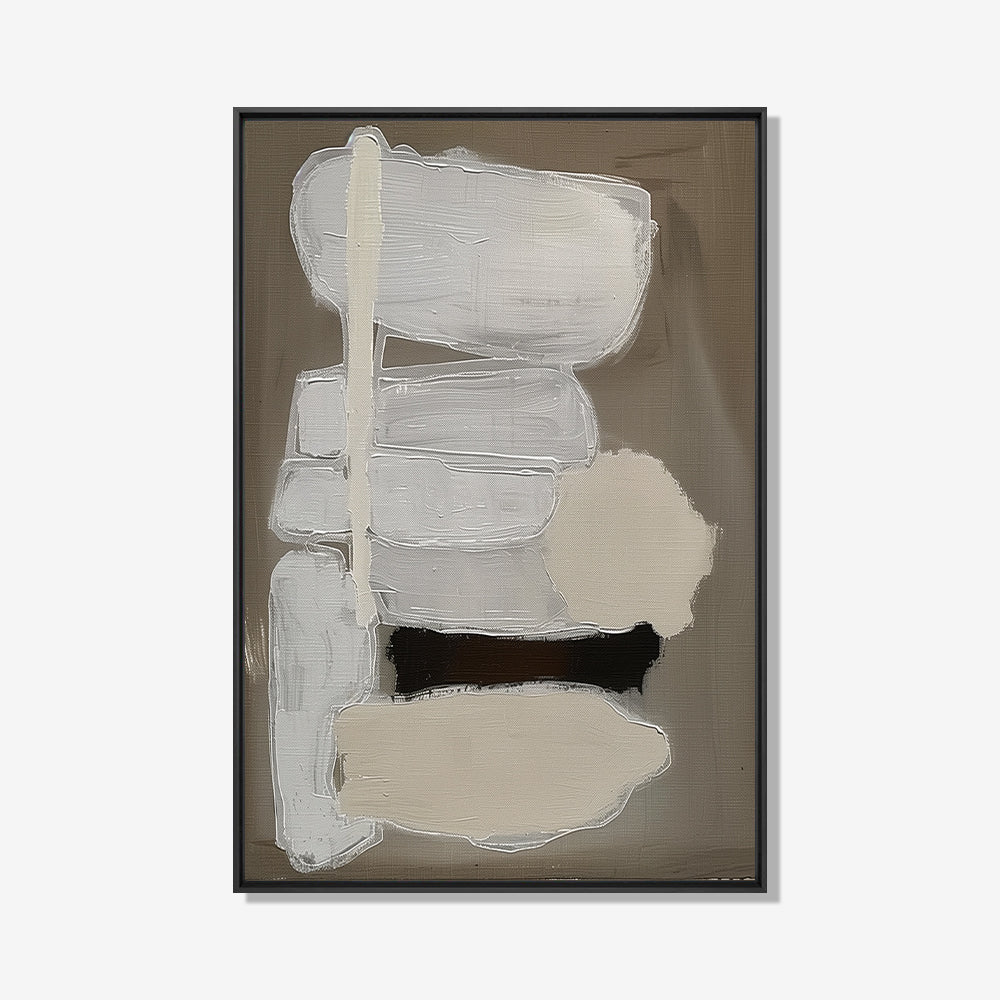 Abstract schilderij met zachte aardetinten, gelaagde texturen en subtiele bewegingen die een rustige, wabi-sabi sfeer oproepen.