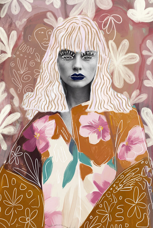 Illustratief schilderij van vrouwelijk portret met bloemen in roze en aardetinten