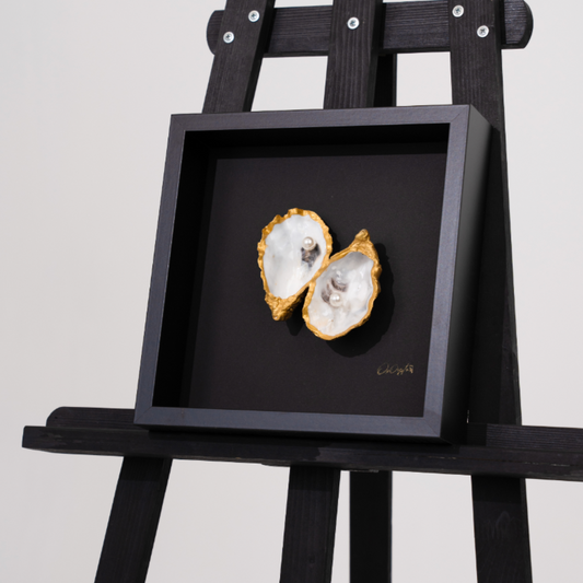 Pearls Modern Zwart 27x27cm - Ingelijste oesters- plexiglas schilderij - kunst