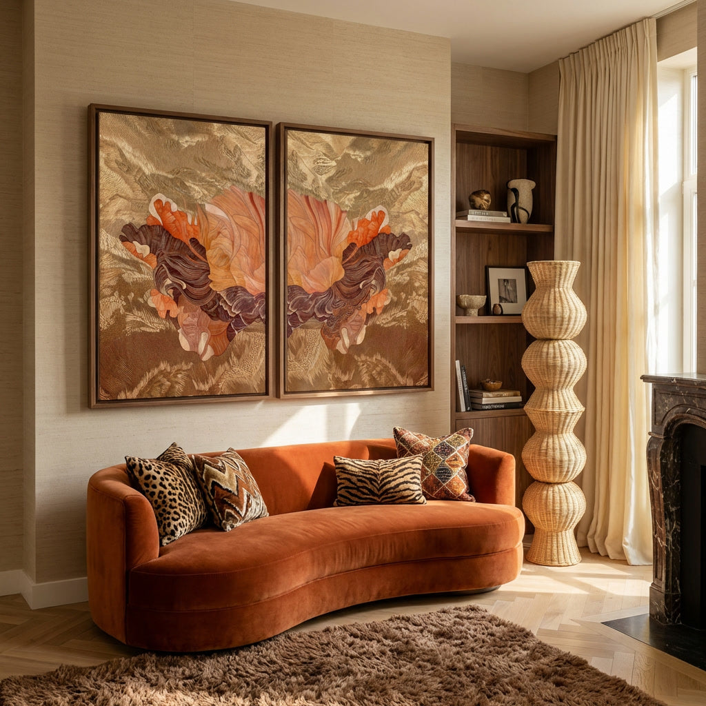 Abstract diptych schilderij met organische vormen en goudaccenten