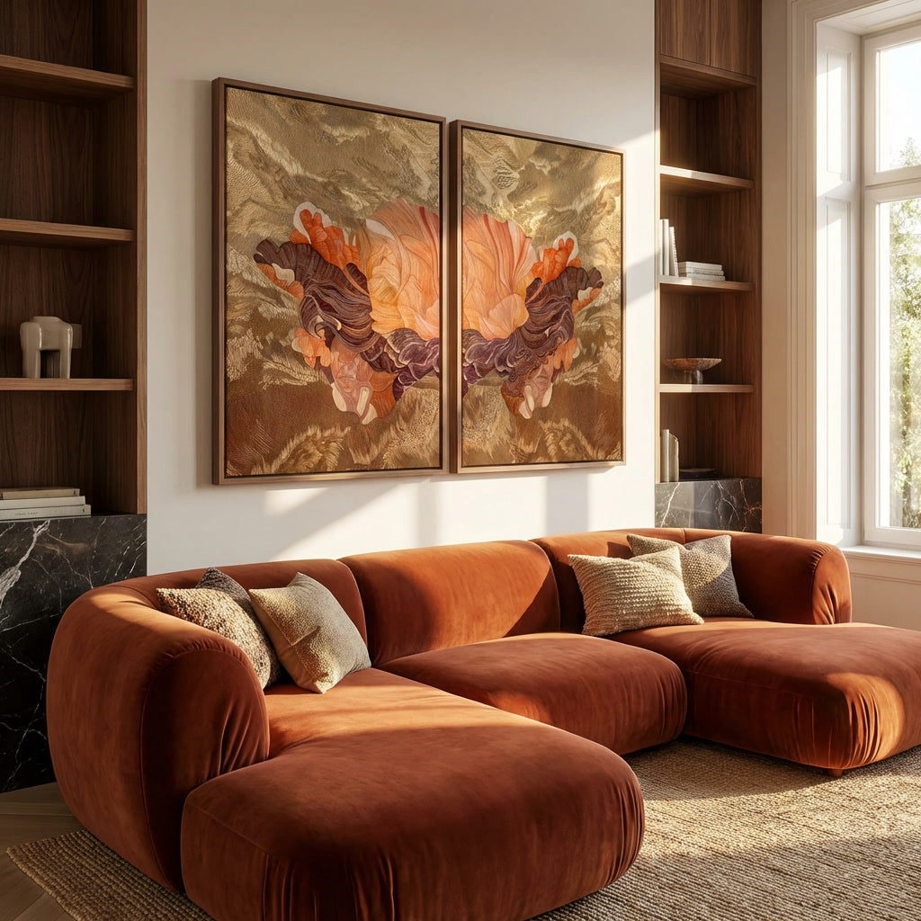 Wanddecoratie in twee panelen met bloemachtige patronen in koper- en zandtinten