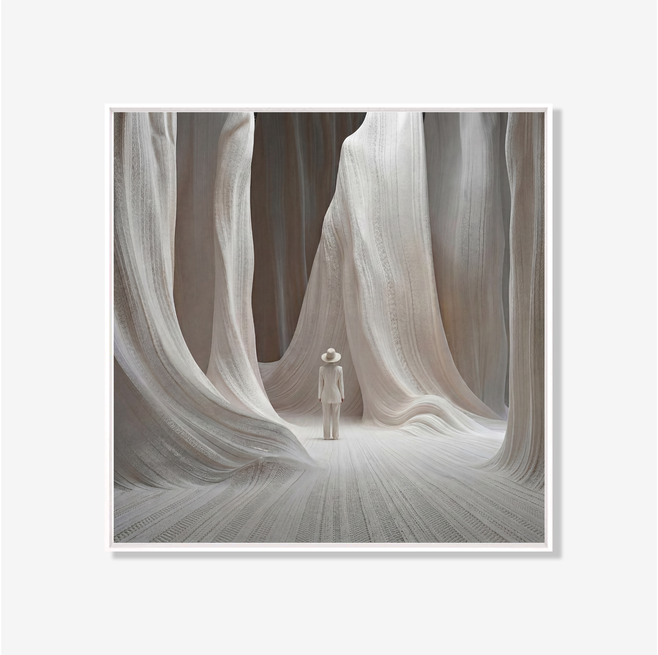 Minimalistisch kunstwerk met een solitaire figuur tussen monumentale witte stoffen in een warme neutrale kleurstelling.