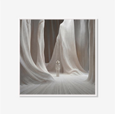 Minimalistisch kunstwerk met een solitaire figuur tussen monumentale witte stoffen in een warme neutrale kleurstelling.
