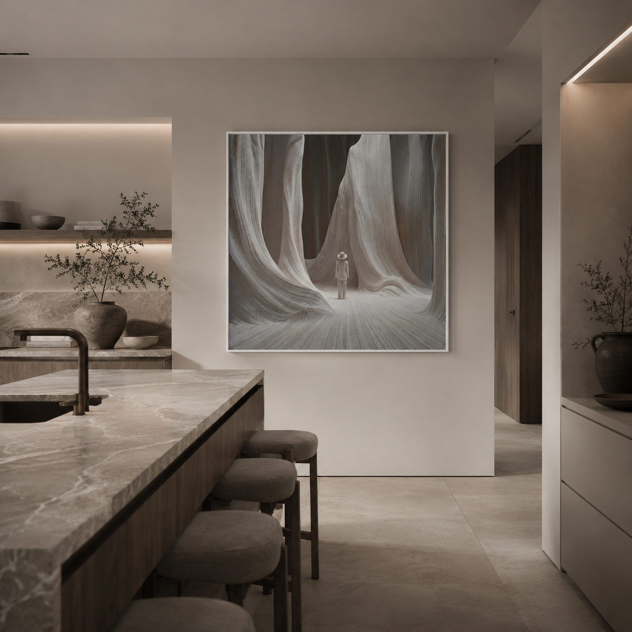 Exclusieve wanddecoratie in beige- en wittinten met sculpturale stoffen en een elegante compositie.