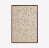 Akoestisch vilt kunstwerk met abstracte lijngezichten in crème en een luxe walnoot baklijst.