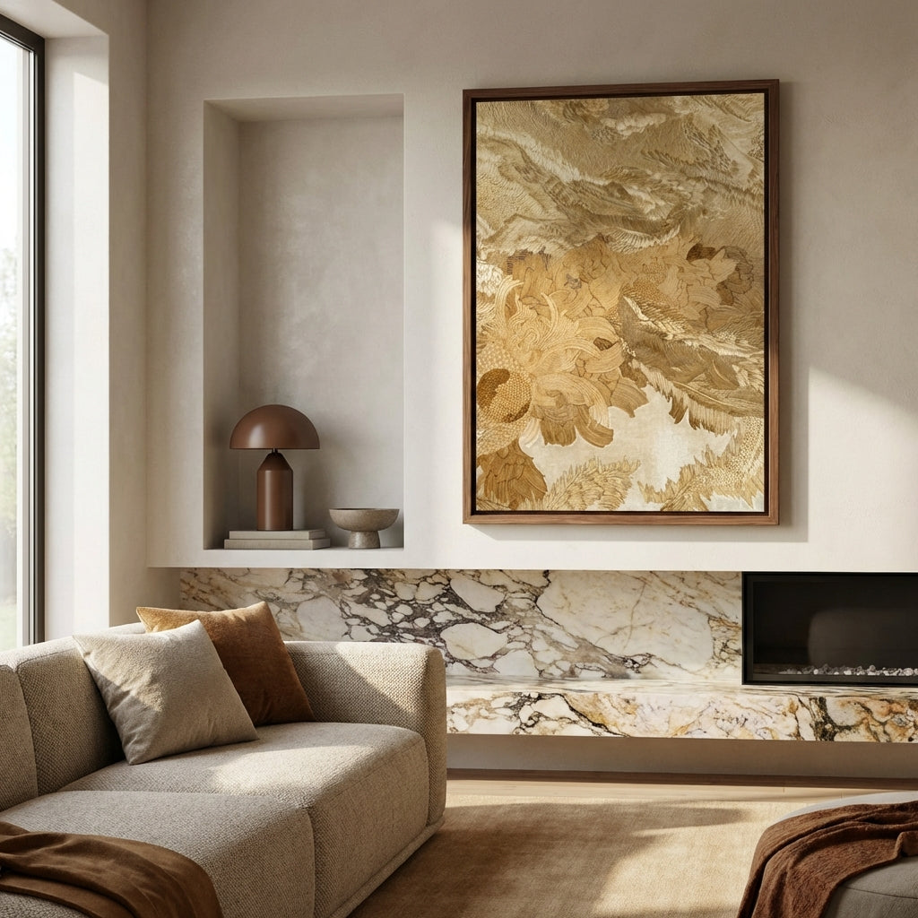 Decoratief schilderij met stromende lijnen en natuurlijke vormen in goudkleurige en geelkleurige tinten