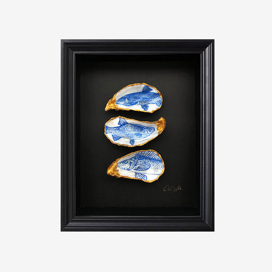 Vissen Trio Zwart 23x28cm - Ingelijste oesters- plexiglas schilderij - kunst