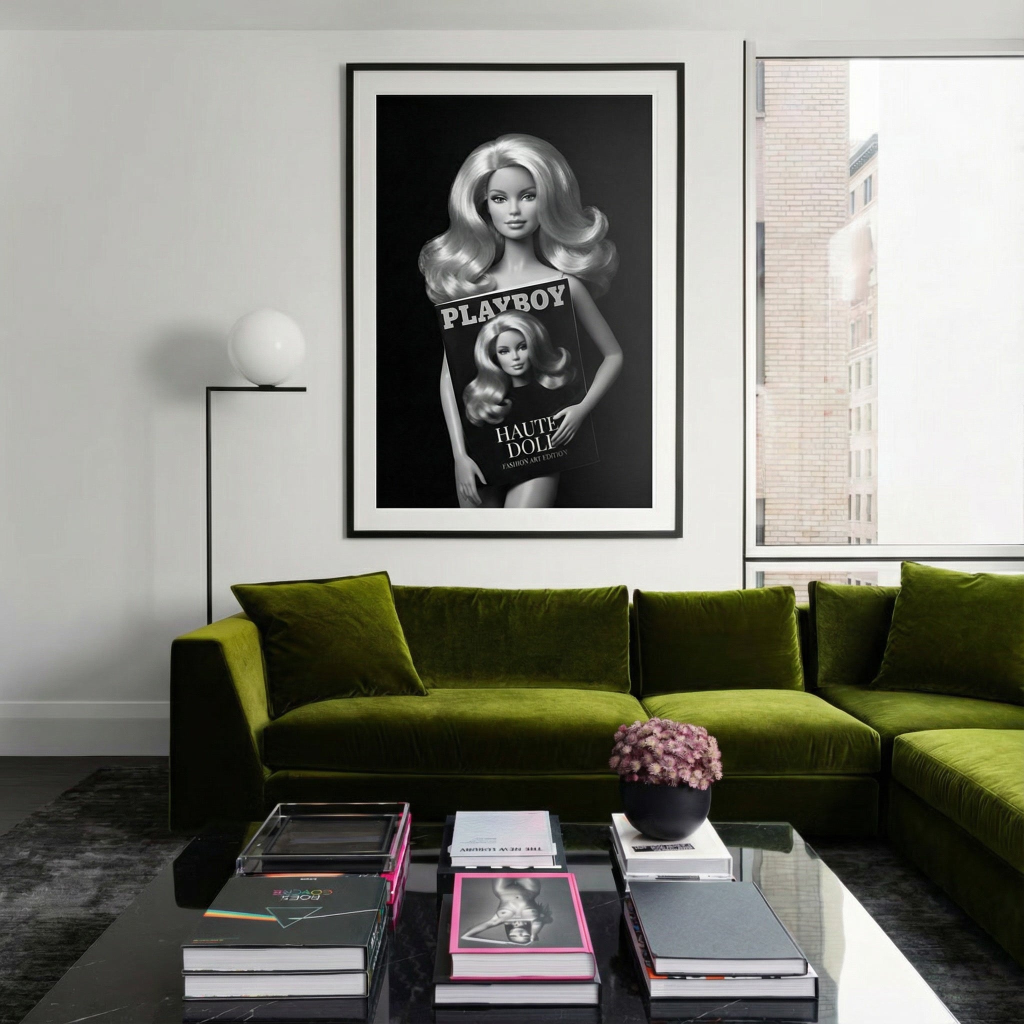 Statement wandkunst met fashion doll en minimalistische zwarte achtergrond