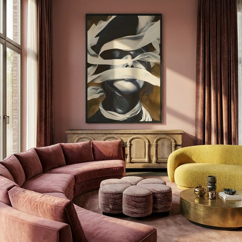Modern kunstwerk met een vrouwelijk gezicht en overlappende witte stroken op een warme achtergrond.