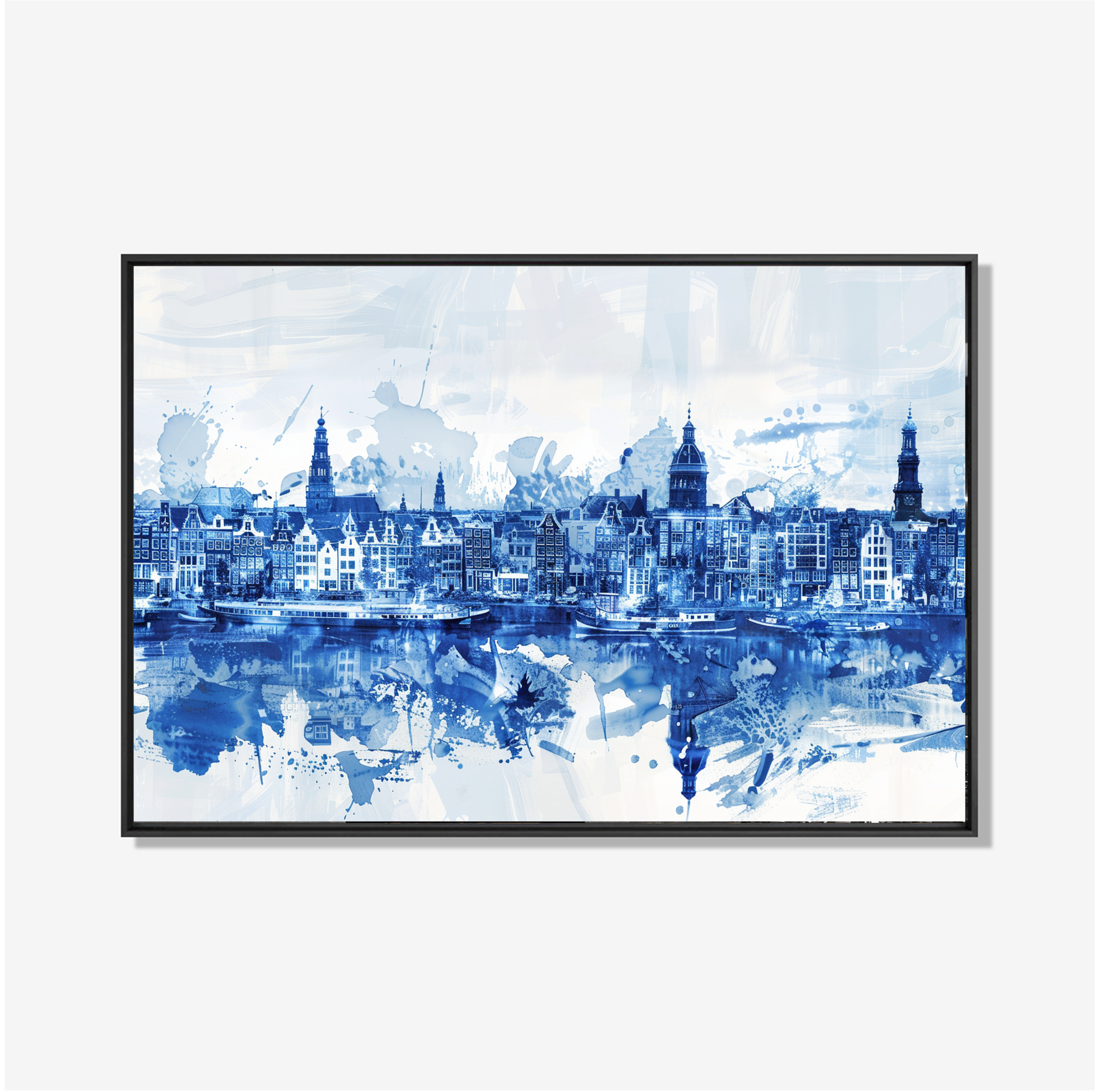 Luxe schilderij van de Amsterdamse grachtenhuizen in blauw-witte aquarelstijl voor een modern interieur.