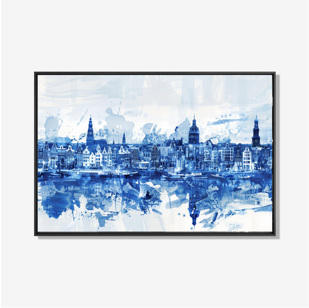 Luxe schilderij van de Amsterdamse grachtenhuizen in blauw-witte aquarelstijl voor een modern interieur.