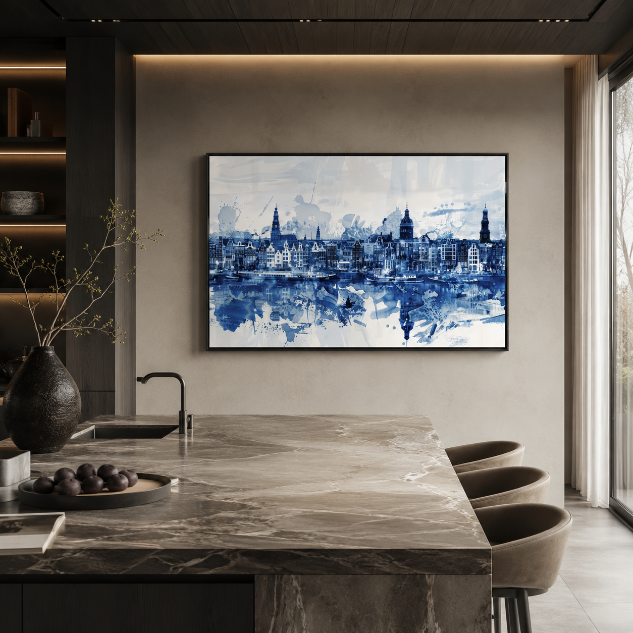 Blauw aquarel kunstwerk van de Amsterdamse grachten met historische panden en weerspiegeling in het water.