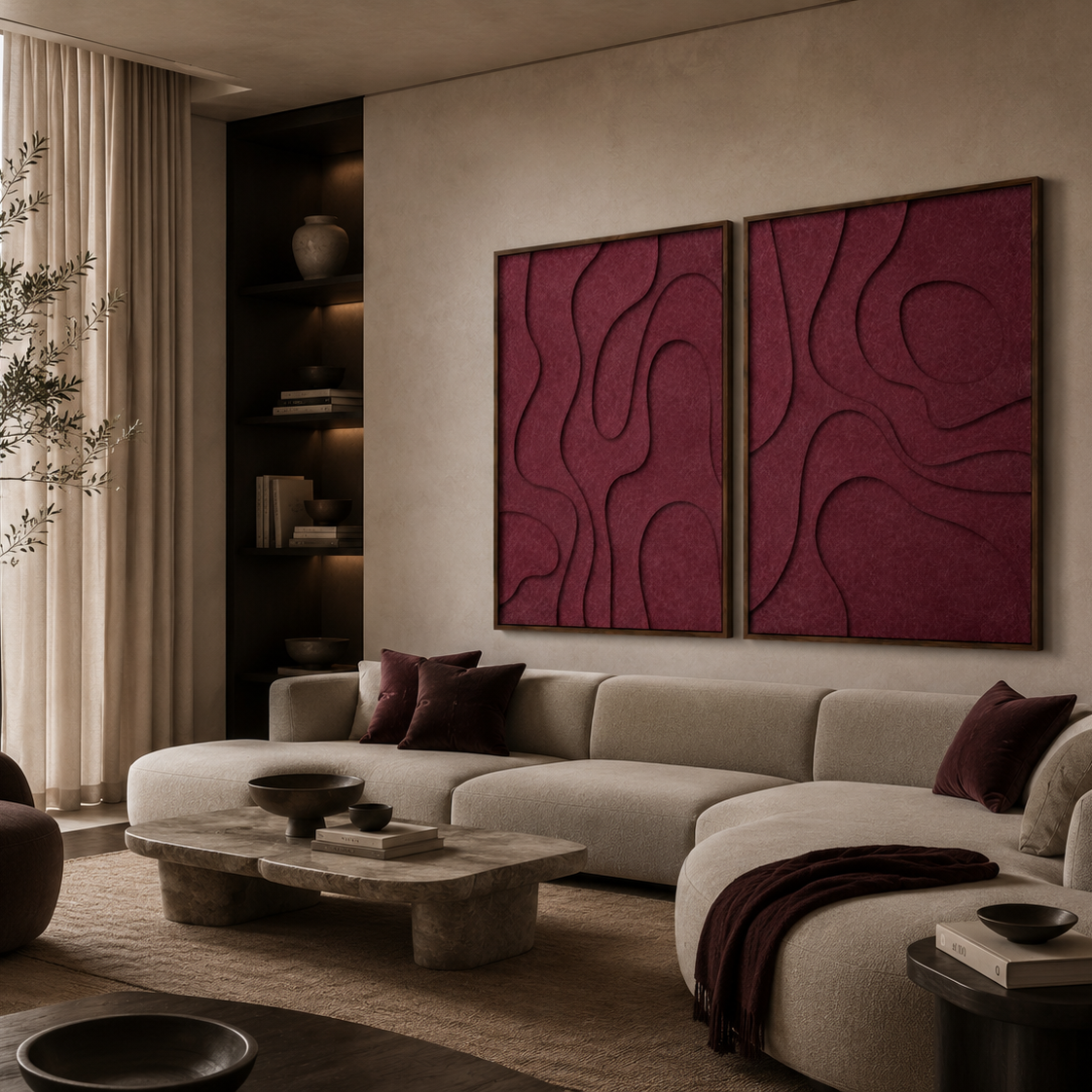 Abstract akoestisch vilt wandpaneel met 3D-effect, organisch design en warme bordeauxrode kleur.