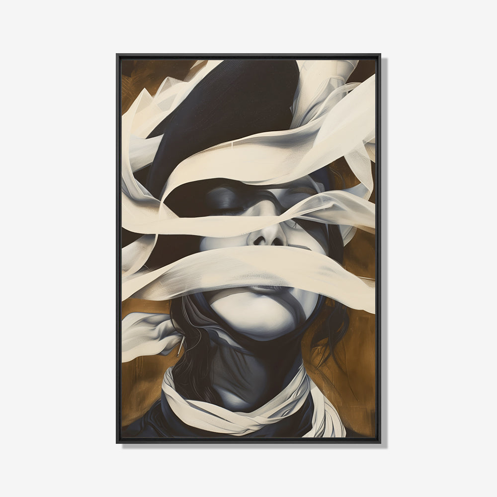 Modern kunstwerk met een vrouwelijk gezicht en overlappende witte stroken op een warme achtergrond.