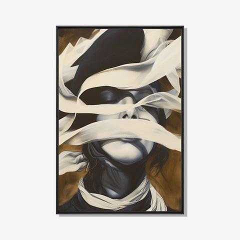 Modern kunstwerk met een vrouwelijk gezicht en overlappende witte stroken op een warme achtergrond.