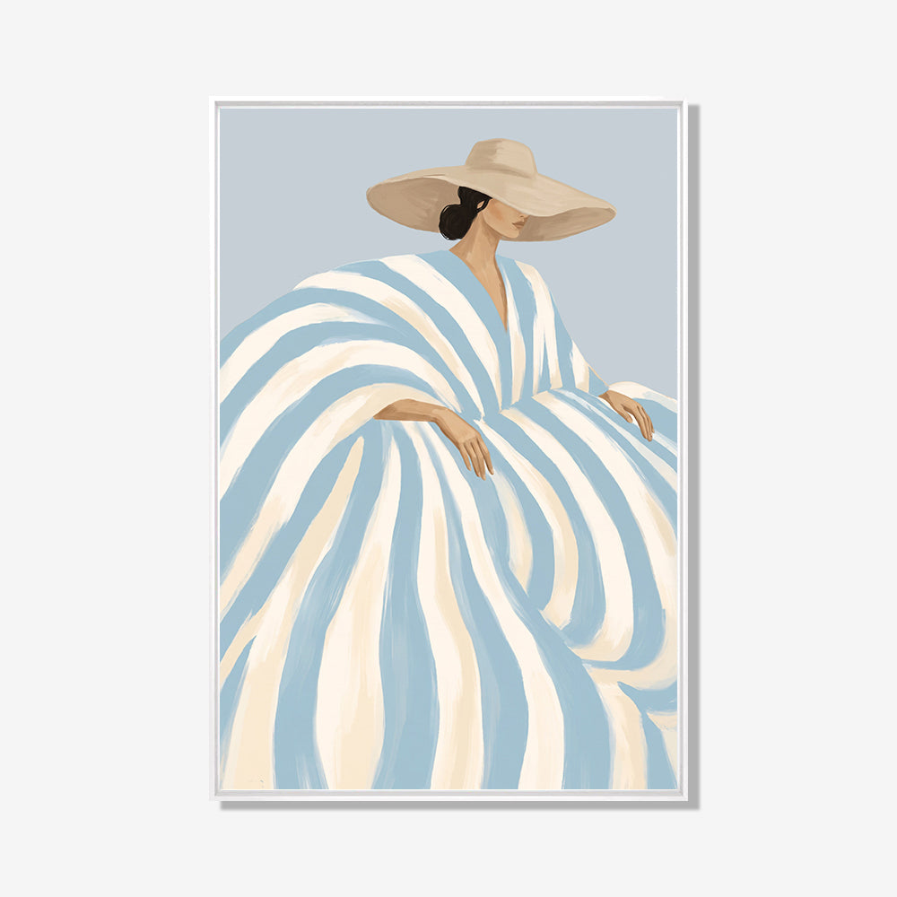 Beach Dress schilderij met vrouw in blauw-wit gestreepte jurk en grote zonnehoed