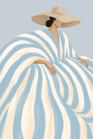Blauw wit fashion schilderij met vrouw in lange gestreepte jurk
