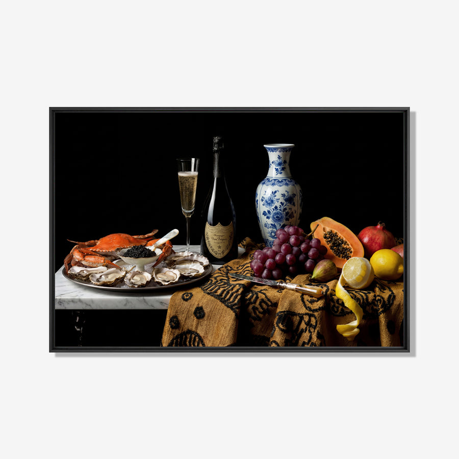 Stilleven met fruit, zeevruchten en een fles champagne - kunst