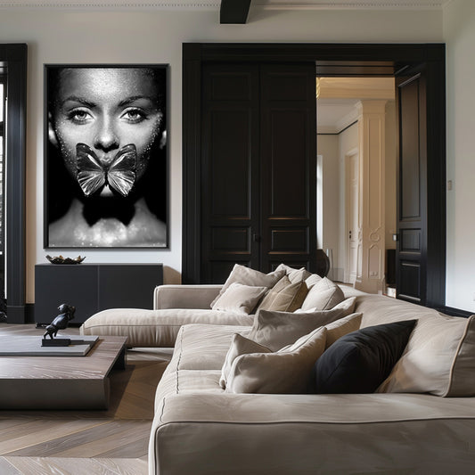 Butterfly girl - Zwart wit schilderij- plexiglas schilderij - kunst