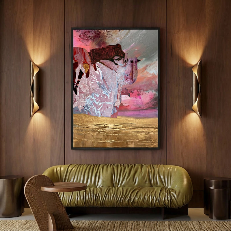 Modern abstract kunstwerk met zichtbare verfstructuur en goudaccent