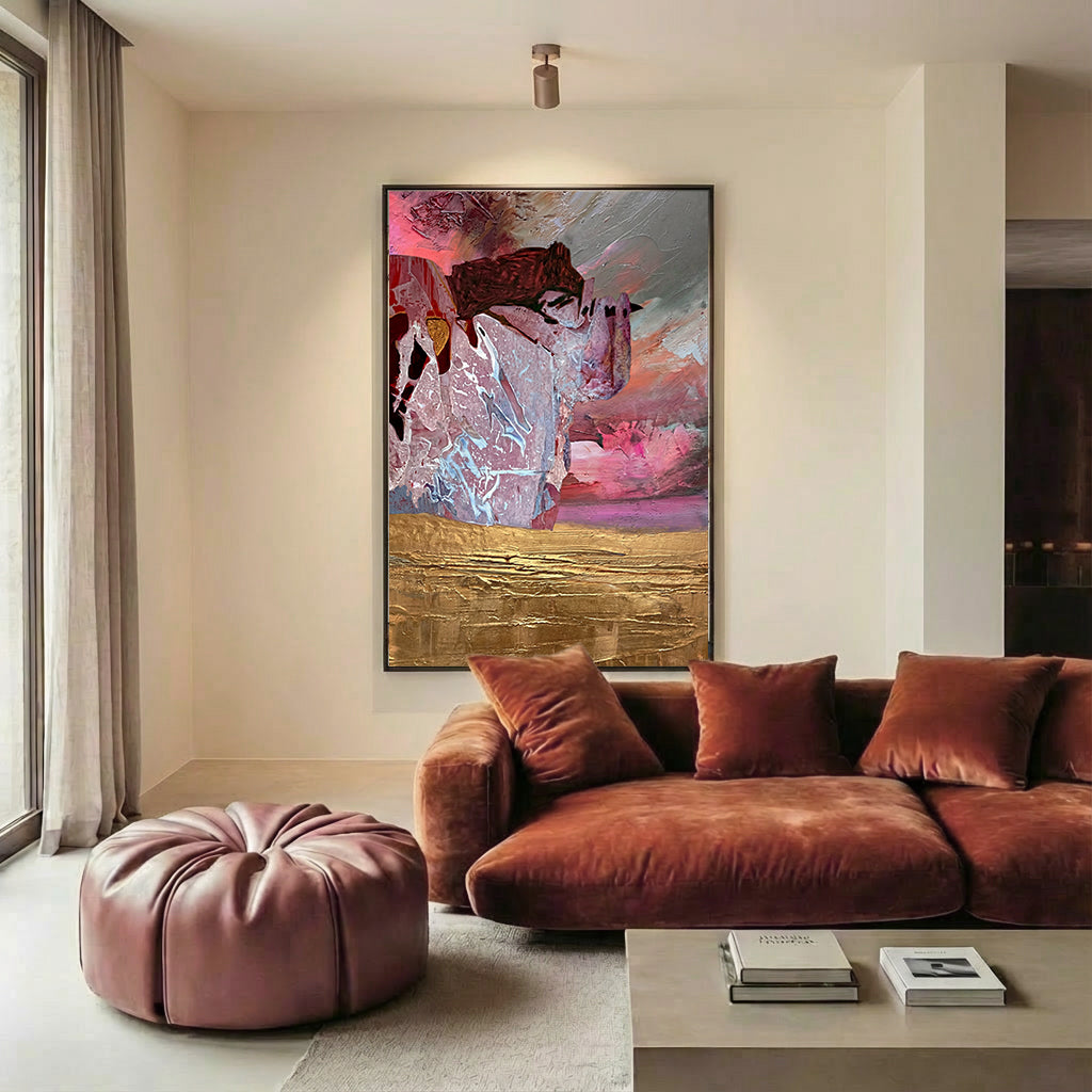 Hedendaags abstract schilderij in zachte kleuren met gouden basis