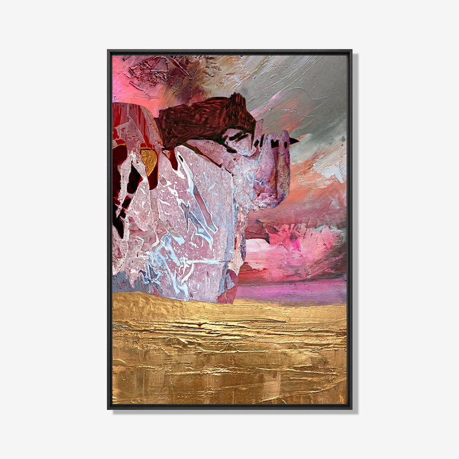 Abstract schilderij met roze, grijze en gouden tinten in zwarte lijst