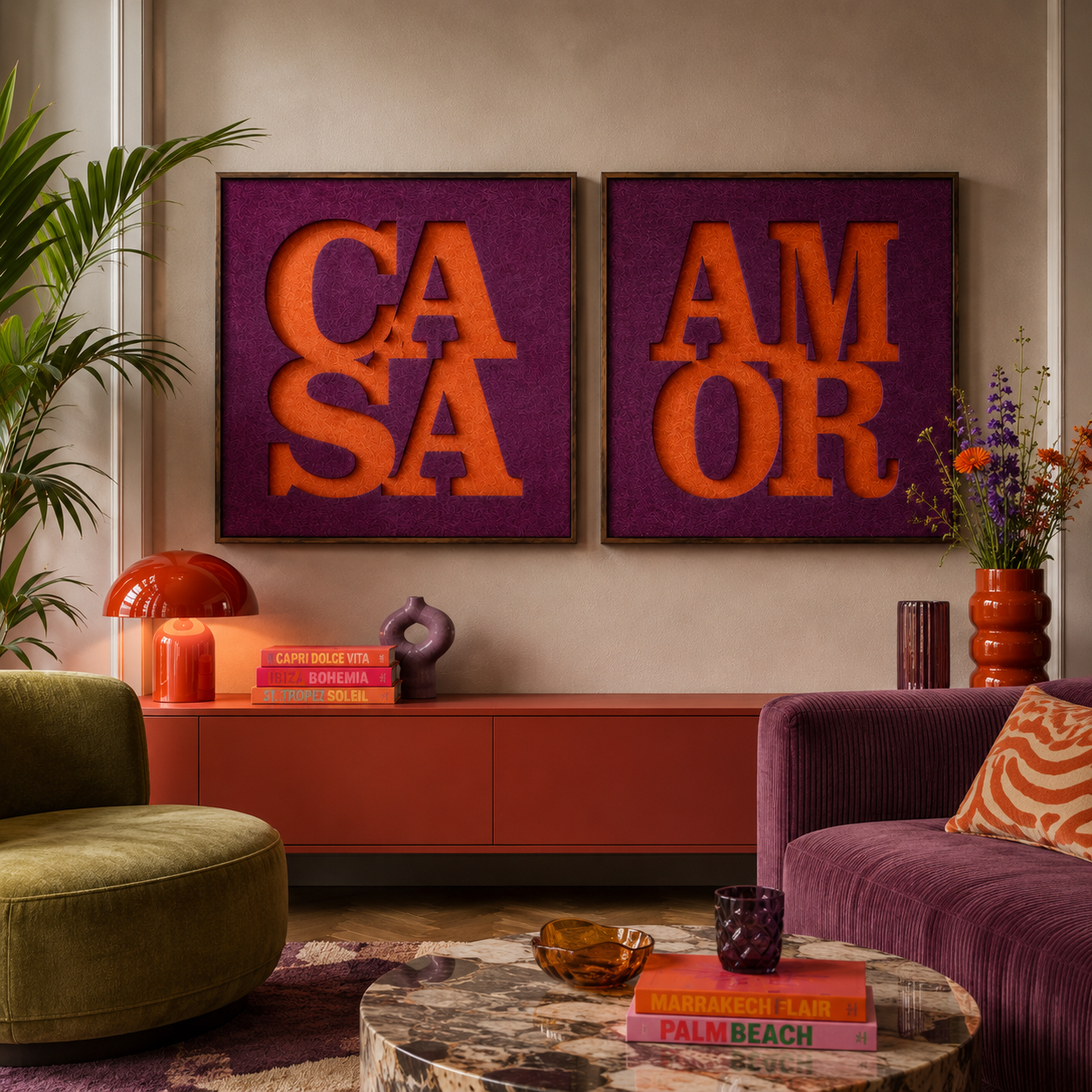 Design wanddecoratie van akoestisch vilt met 3D typografie CASA en AMOR in een stijlvolle walnoot baklijst.
