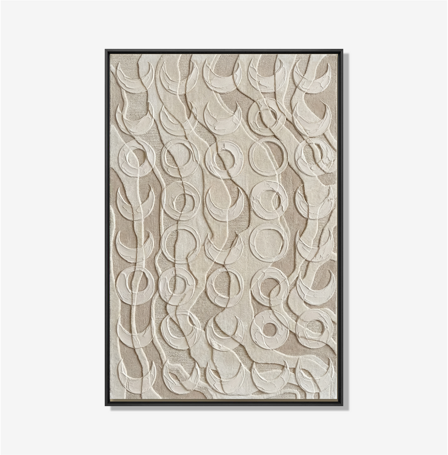 Minimalistisch schilderij met cirkelpatroon in crème en zandtinten