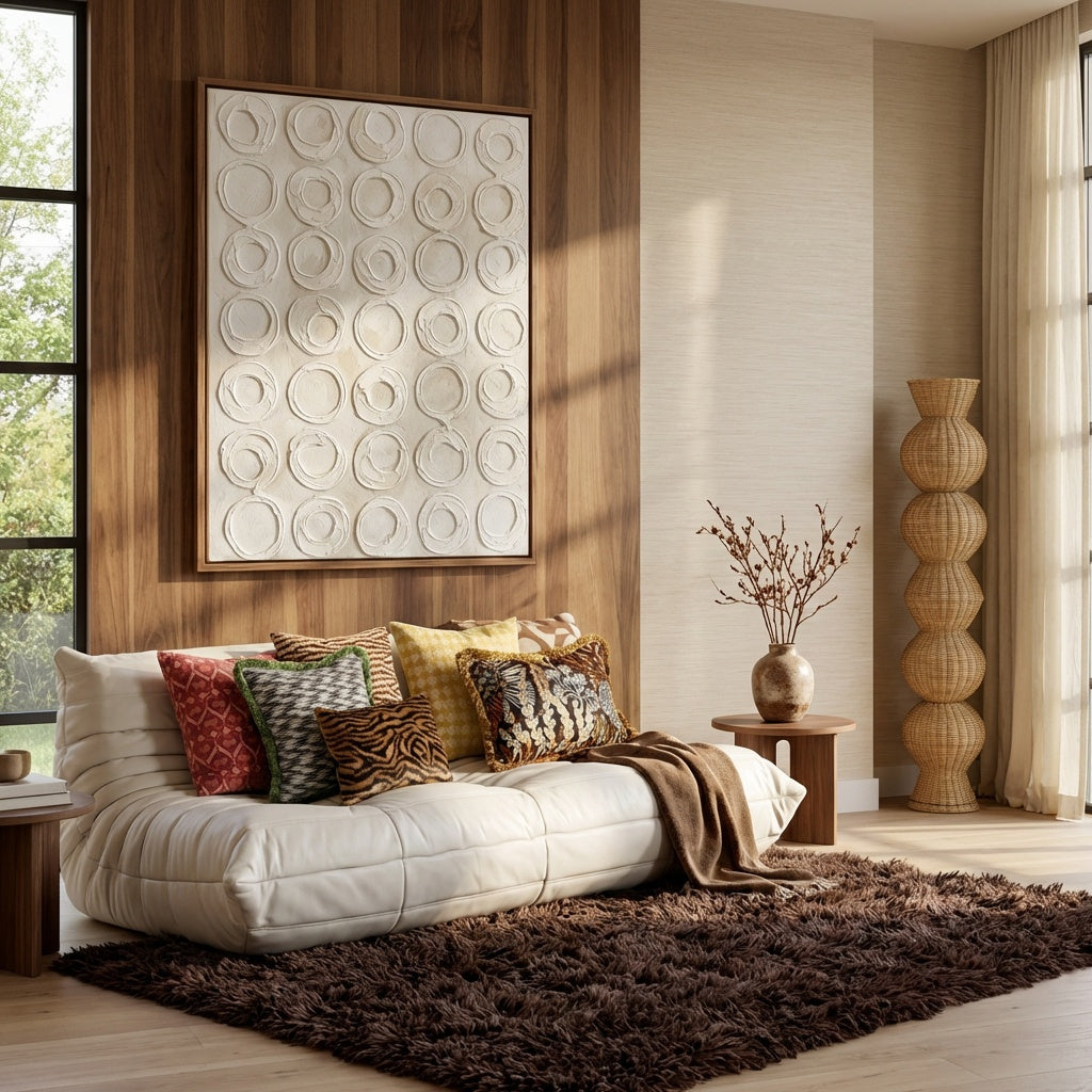 Moderne wanddecoratie met reliëf en neutrale kleuren in mooi interieur 