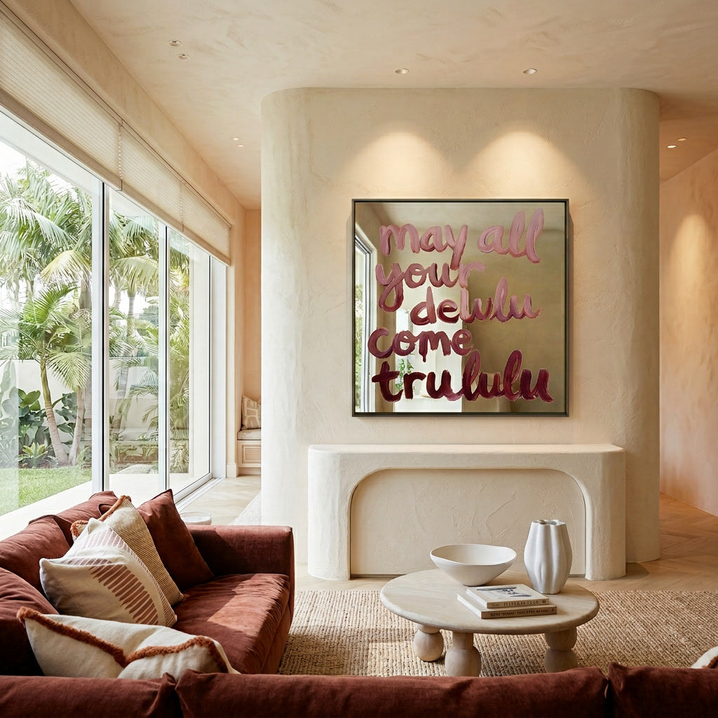 Trendy kunstwerk met humoristische tekst in roze verf voor modern interieur