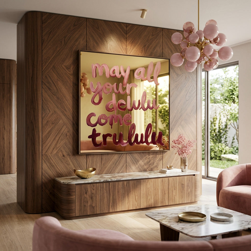 Moderne typografie kunst met speelse quote in roze tinten op gouden reflecterende ondergrond