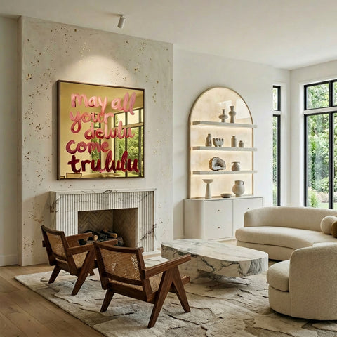 Statement schilderij met handgeschreven tekst en glossy afwerking in warme interieur setting